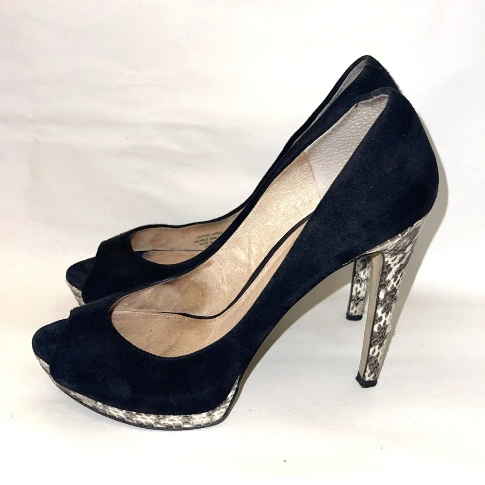 Joan & David Black Suede Platform‎ Peep Toe Python High Heel Size 8.5M